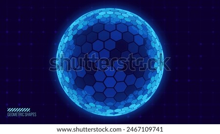 Geometric Dome Shield on a Dark Background. Futuristic Glowing Protection 3D Sphere. Technology Style HUD Design Element. Hexagon Force Field Shield. Vector Illustration. Digital Security Concept.