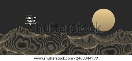 Abstract Landscape Mountain Golden Line Art Background. Golden Wavy Lines Isolated on Dark Background. Luxury Style Art Decoration Backdrop. Vector Illustration.