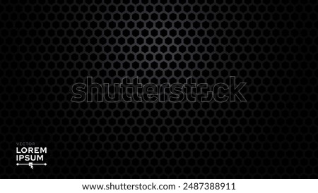 Black Metal Hexagon Grid Steel Background. Hexagonal Holes Perforated Sheet Metal or Carbon Fiber Texture. New Strong Nanomaterial Technology Abstract Vector Illustration.
