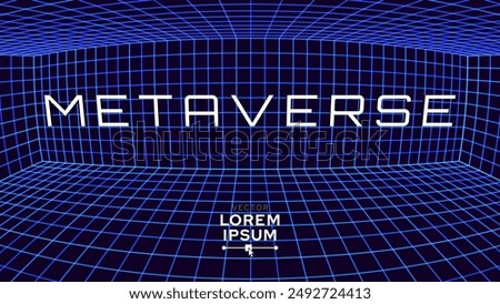 Metaverse Text 3D Wireframe Room on the Blue Background. Synthwave Grid VR 3D Room with Fisheye Lens Effect. Virtual Reality VR Tunnel Technology Vector Illustration.