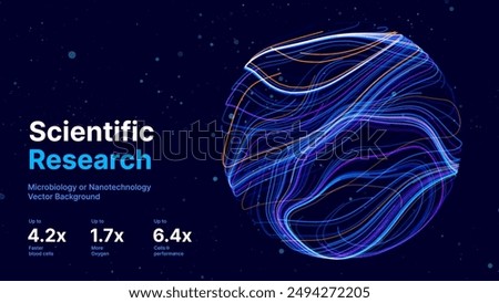 Abstract Science Cell Scientific Medical Research Background. Blue 3D Sphere Backdrop Particles Effect. Futuristic Chemistry Physics Microbiology Concept. Tech BG Vector Illustration.