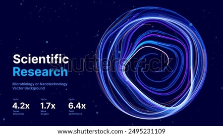 Abstract Science Cell Scientific Medical Research Background. Blue 3D Sphere Backdrop Particles Effect. Futuristic Chemistry Physics Microbiology Concept. Tech BG Vector Illustration.