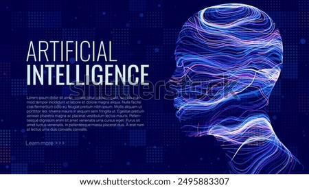 AI Artificial Intelligence Background. Blue Abstract Digital Cyberpunk Human Head. Science Fiction Cyberpunk Vector Illustration. 