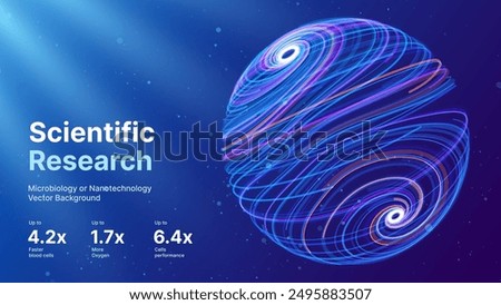 Abstract Science Cell Scientific Medical Research Background. Blue 3D Sphere Backdrop Particles Effect. Futuristic Chemistry Physics Microbiology Concept. Tech BG Vector Illustration.