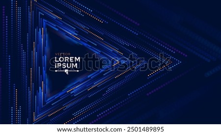 Triangle Frame Border Blue Lights DJ Party Flyer Background. Play Triangle Tunnel Big Data Backdrop Data Flow Particles Moving with Trails. Vector Illustration.