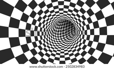 Abstract Black and White Optical Illusion Surrealism Tunnel Portal Pattern. Contrasty Optical Art Gravity Vortex. Smooth Checkered Tunnel and Chessboard in Perspective. Vector Illustration.