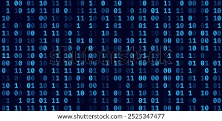 Abstract Blue Binary Software Programming Code Background. Random Parts of Program Code. Digital Data Technology Concept. Random Binary Data Matrix Wide Vector Illustration.