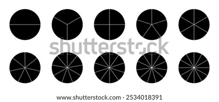 Circle Pie Chart Infographic Set. Divided Circle Sections In Black And White Color. Segments Of Circle With 2 To 12 Pieces. Black Round Diagram. Vector Iluustration.