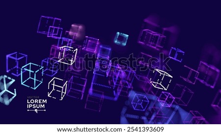 Big Data 3D Cubes Quantum Computer Business Server Concept Background. 3D Blockchain Cube Blocks Concept. Data Core Abstract Cubes. Artificial Intelligence HUD Design Element.