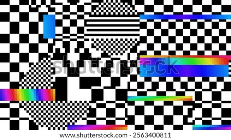 Y2K Checkers Pixel Glitch Effect Abstract Background. Glitched Stripes and Random Pixels Television Screen. Distorted Glitch Effect. NO SIGNAL TV Frame Vector.