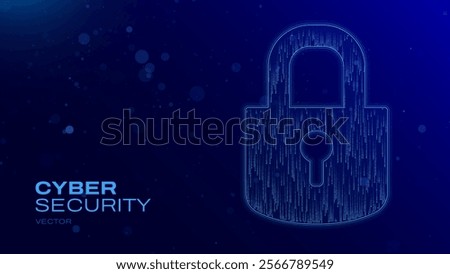 Abstract Blue Lock Icon. Cyber Security Concept. Lock Symbol From Falling Binary Digits and Lines. Digital Security Network. Digital Data Protect. Hi Tech Background. Vector Illustration.