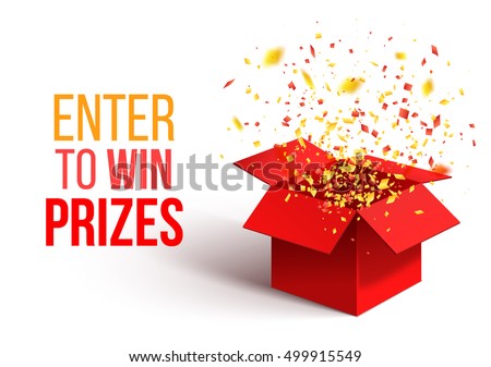 Open Red Gift Box and Confetti. Enter to Win Prizes. Vector Illustration.