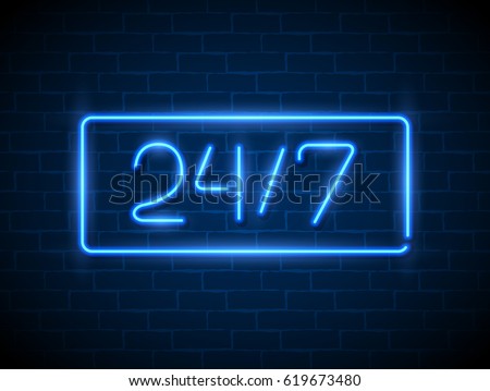 Open 24/7 Hours Neon Light on Brick Wall. 24 Hours Night Club / Bar Neon Sign. Vector Illustration.