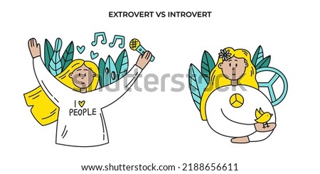Extrovert vs introvert. Personality type. Personality traits. Mental mindset type. Young women doodle vector illustration on white background.  Foto stock © 