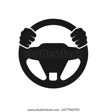 Steering wheel icon. Hands on steering wheel. Driver. Driving car. Test drive. Vector icon isolated on white background.