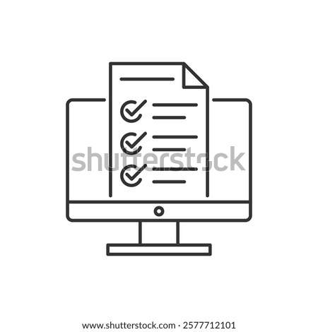 Desktop computer with digital questionnaire flat line icon. Vector thin sign of online test result, education logo. Survey outline illustration.