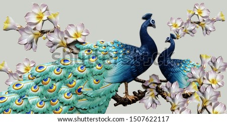 3D Illustration of peacock  sitting on the branch , flowers- ILLUSTRATION 商業照片 © 