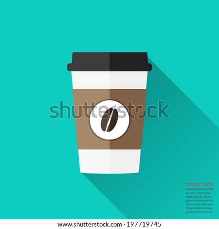 Disposable coffee cup icon with coffee beans logo, Vector illustration flat design with long shadow.