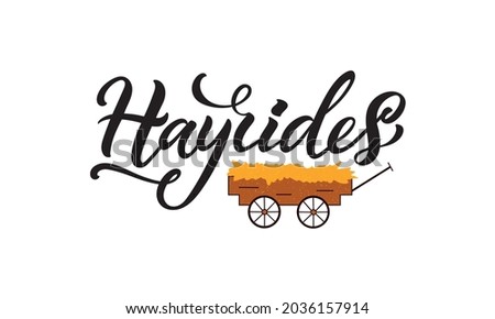 Hayrides handwritten text, modern brush calligraphy, vector illustration isolated on white background. Template with hand lettering for thanksgiving day, invitation, poster, logo. Autumn greeting card
