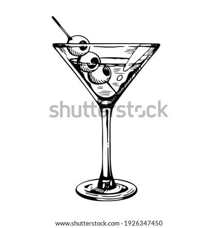 Martini glass with olives. Hand drawn alcohol cocktail, vector sketch