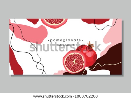 Half a ripe pomegranate. Stylized red pomegranate with seeds on an abstract background. Card, banner, poster, sticker, print, promotional material. Vector illustration.