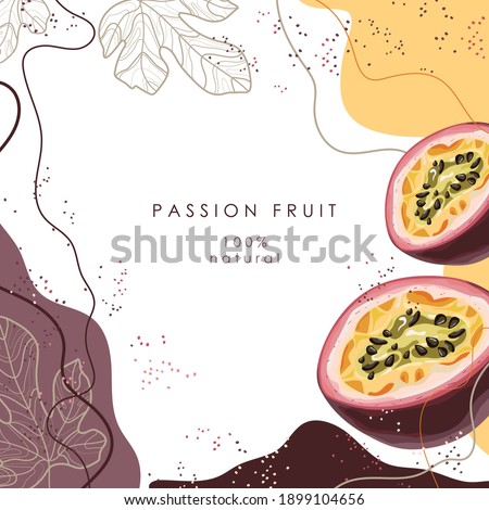 Stylized passion fruit on an abstract background. Ripe passion fruit. Postcard, banner, poster, sticker, print, advertising materials. Vector illustration.