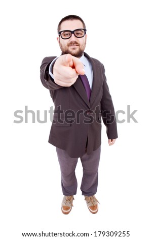 young businessman full body pointing, isolated on white