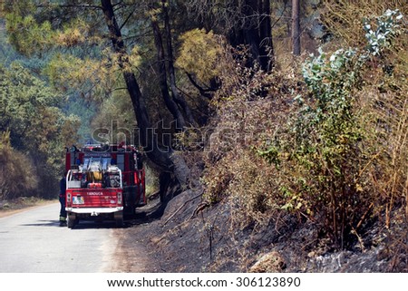 GERES - AUGUST 9: Firefighters fighting a huge fire in the national park of Geres on 9th August 2015 in Portugal