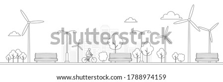 Bike in a park with bench and recycle bin. Line icons. Healthy sustainable lifestyle concept. Recreation and relaxation in the city. Black outline on white background. Vector illustration, clip art