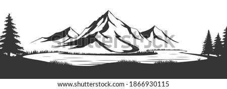 Wild natural landscape with mountains, lake, rocks. Illustration converted to vector. Great for travel ads, brochures, labels, flyer decor, apparel, t-shirt print. Vector illustration.