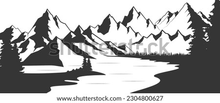 Mountain with pine trees and lake landscape. Silhouette illustration converted to vector.