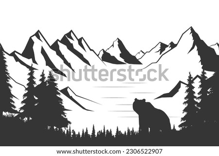 Bear in a wild breed against the backdrop of the forest and mountains. Travel, adventure, wildlife symbol. Natural open spaces. Ecology.
