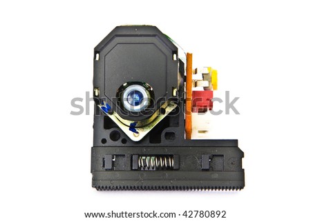 Optical laser and lens assembly of a cd player isolated on white background
