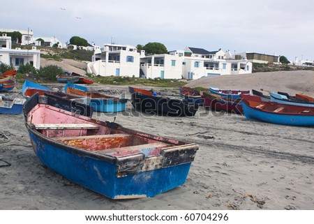 Rowing boats on the beach at Paternoster, as small town the west coast of South Africa in the Western Cape Province