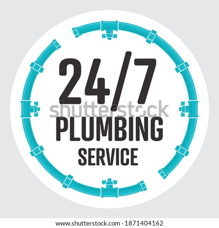 24-7 Plumbing Service circle badge. The round symbol or icon is a clock shape made out of pipes, valves and end caps. Concept for around the clock plumbing and sanitary services.