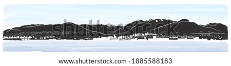North shore mountains in Vancouver British Columbia, Canada. Panorama illustration with view from East Vancouver, overseeing North Vancouver, West Vancouver and local mountains. No text.