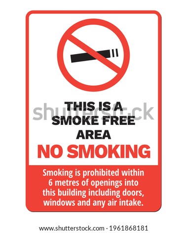 No smoking sign or poster. Red and white signage with crossed out cigarette and text 