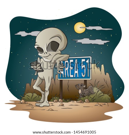 Grey Alien leaning on Area 51 sign