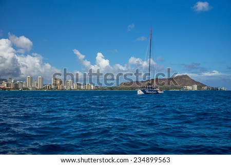 Honolulu, July 20:  The sailboat Maserati crosses the finish line for the 2013 Transpacific Yacht Race.  Honolulu, Hawaii, USA.  July 20, 2013.