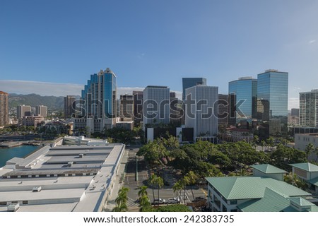 Honolulu, Jan. 07:  Morning view of Honolulu\'s business district as seen from Aloha Tower.  Honolulu, Hawaii, USA.  Jan. 07, 2015.