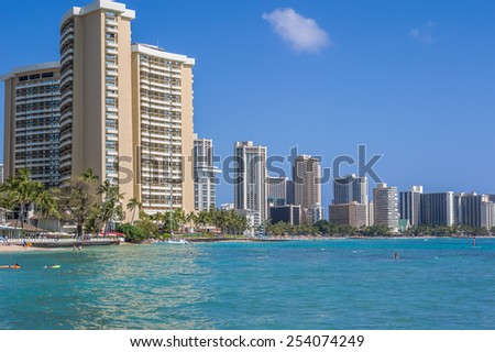 Honolulu, Feb. 17:  The refurbished Sheraton Waikiki Resort and the Waikiki Hotels on a clear Spring day.  Honolulu, Hawaii, USA.  February 17, 2015.