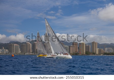 Honolulu, Feb. 22:  Recreational sailing is growing in popularity in Hawaii.  Honolulu, Hawaii, USA.  February 22, 2015.