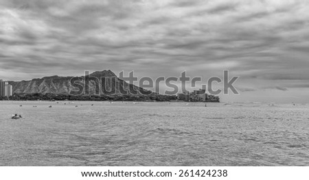 Honolulu, Hawaii, USA.  March 17, 2015.  Isolated sea view of Waikiki waters and Diamond Head Crater on a cloudy day.