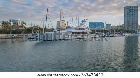 Honolulu, Hawaii, USA. March 25, 2015:  The Waikiki Yacht Club is hosting a Mega-Yacht for the month of March.  Waikiki Yacht Club is Hawaii\'s premier yacht club.