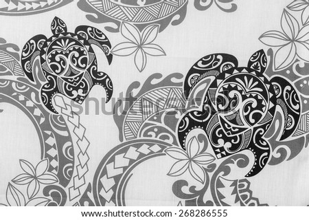 Vintage Polynesian background print with textured turtles in black, white, and gray colors.