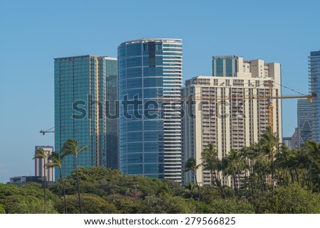 Honolulu, Hawaii, USA, May 20, 2015:  Morning view of the new Honolulu skyline with more cranes in place to build more high rise condominiums for the increased  housing demand in Honolulu.