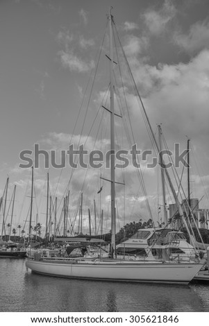 Honolulu, Hawaii, USA, August 14, 2015: Waikiki Yacht club plays host to a record breaking racing sailboat that  arrived in Honolulu from Los Angeles California. The yacht and crew will go to Tahiti.
