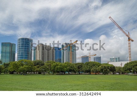 Honolulu, Hawaii, USA, Sept. 3, 2015:  Morning view of downtown Honolulu and the ongoing building boom.  Honolulu Hawaii is one of the fastest growing cities in the United States.