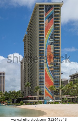Honolulu, Hawaii, USA, Sept. 3, 2015:  Morning close-up profile of the mosaic tile design at the Hilton Rainbow Tower on Waikiki Beach.  The Hilton is Hawaii\'s best family vacation destination.