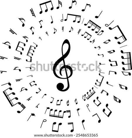 multiple musical notes and symbols arranged in circular patterns, black and white color